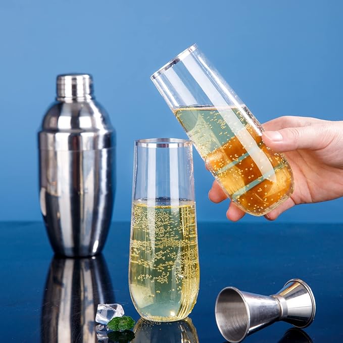 SUT 24PCS Silver Champagne Flutes Plastic, 9oz Stemless Plastic Champagne Glasses, Clear plastic Toasting Glasses With Silver Rim, Unbreakable, Shatterproof Mimosa Glasses, For Party,Shower