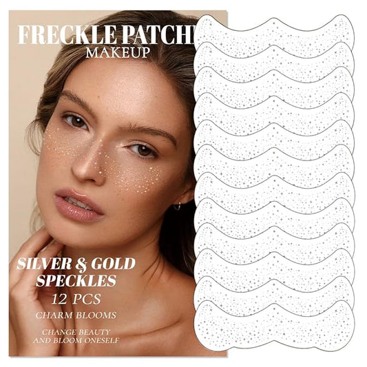 12Pcs Glitter Freckles for Women, Long Lasting Waterproof Holographic Sparkle Temporary Face Tattoo Star Sticker Makeup Patches for Rave Musical Festival Accessories (SILVER & GOLD FRECKLES)