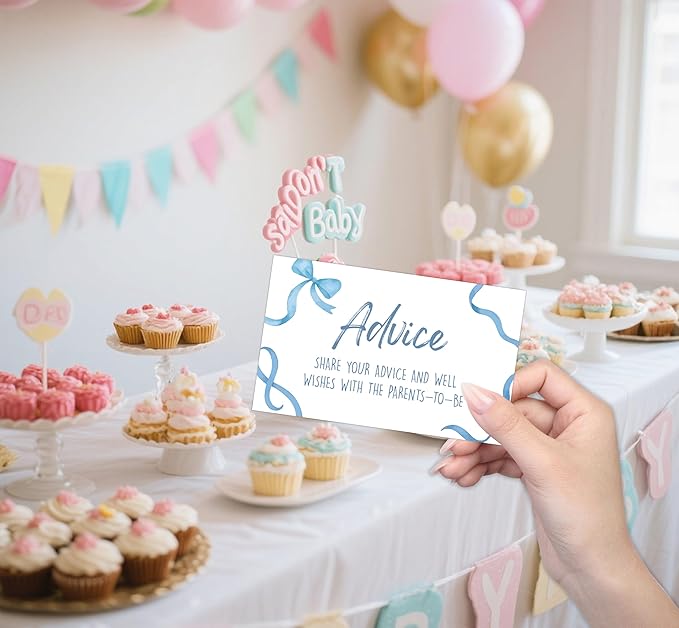 Baby Shower Games - Blue Bow Baby Shower Advice for Parents To Be, 1 Arch Acrylic Sign and 50 Advice Cards, Gender Reveal Game, Blue Baby Shower Decoration Supplies (BN02)