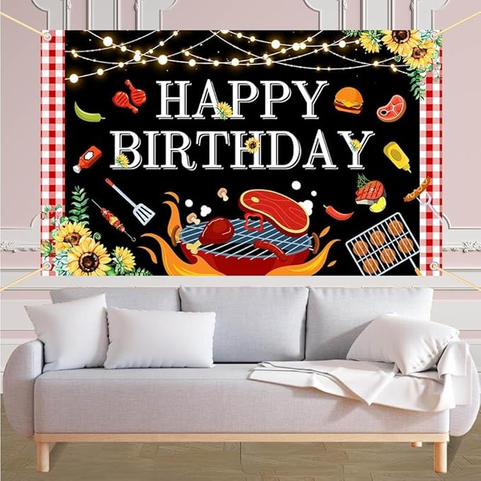 8x6ft BBQ Birthday Party Decorations Large BBQ Happy Birthday Banner Red and White Gingham Picnic Banner Backdrop for BBQ Birthday Barbecue Party Supplies Yard Outdoor