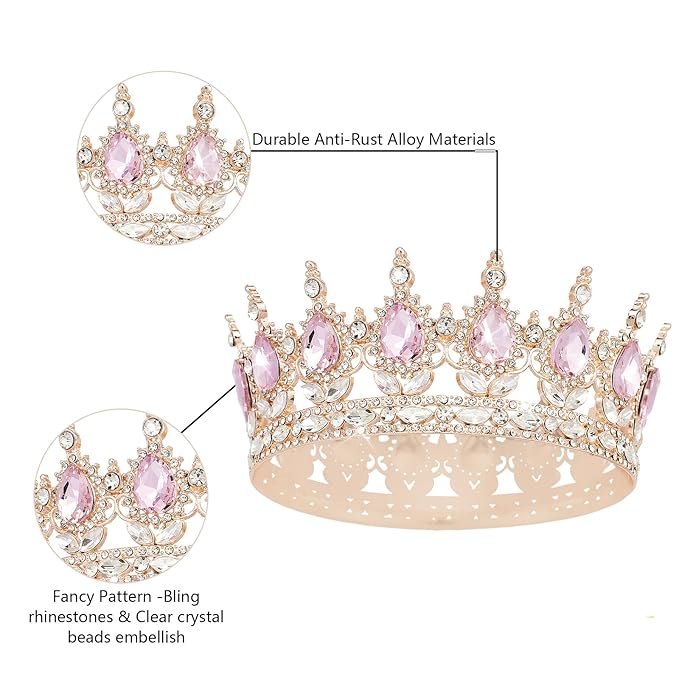 Queen Crown Rhinestone Wedding Crowns and Tiaras for Women Costume Party Hair Accessories Princess Birthday Crown Crystal BridalCrown(Rose Gold Pink Crown)
