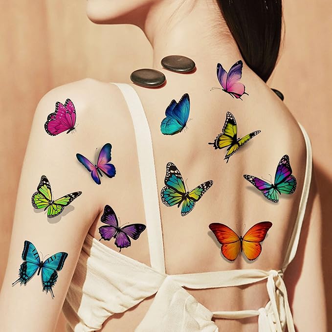 24 Sheets 155+ PCS 3D Colorful Butterfly Temporary Tattoos For Women Arm Boobs, Watercolor Butterfly Tattoos Stickers, Long Lasting Small Fake Tattoos For Kids Girls Adult Neck Cholo Lavender