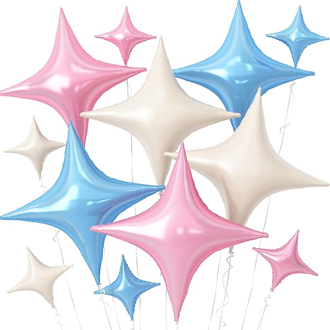 Pink Blue White Star Balloons,12Pcs Four Angle Star Foil Balloons,26Inch and 10Inch Pink Blue Cream White Quadrangle Helium Balloon for Birthday Baby Shower Gender Reveal Party Decorations