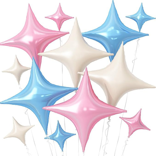 Pink Blue White Star Balloons,12Pcs Four Angle Star Foil Balloons,26Inch and 10Inch Pink Blue Cream White Quadrangle Helium Balloon for Birthday Baby Shower Gender Reveal Party Decorations