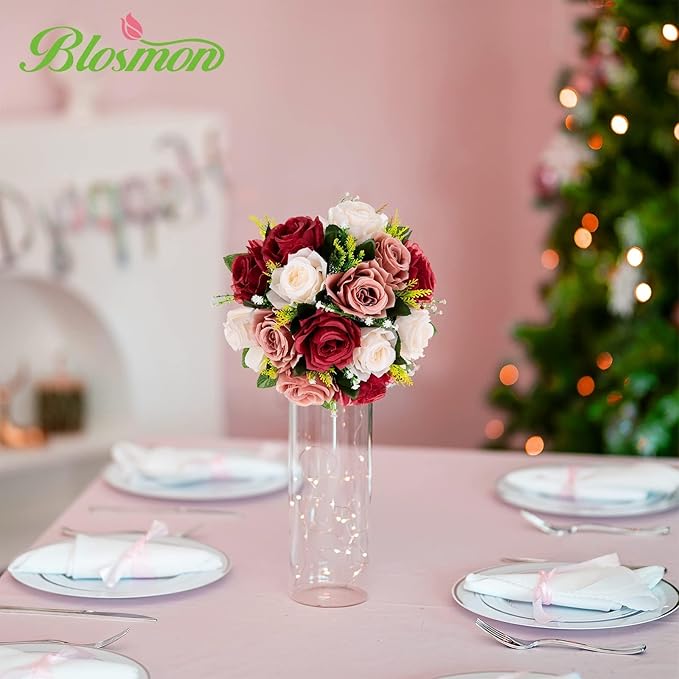BLOSMON Flower Centerpieces Decoration for Table: 2 Pcs Burgundy & Dusty Rose & Creamy White Fake Roses Kissing Flower for Wedding - Artificial Silk Floral Arrangements Home Party DIY Decoration