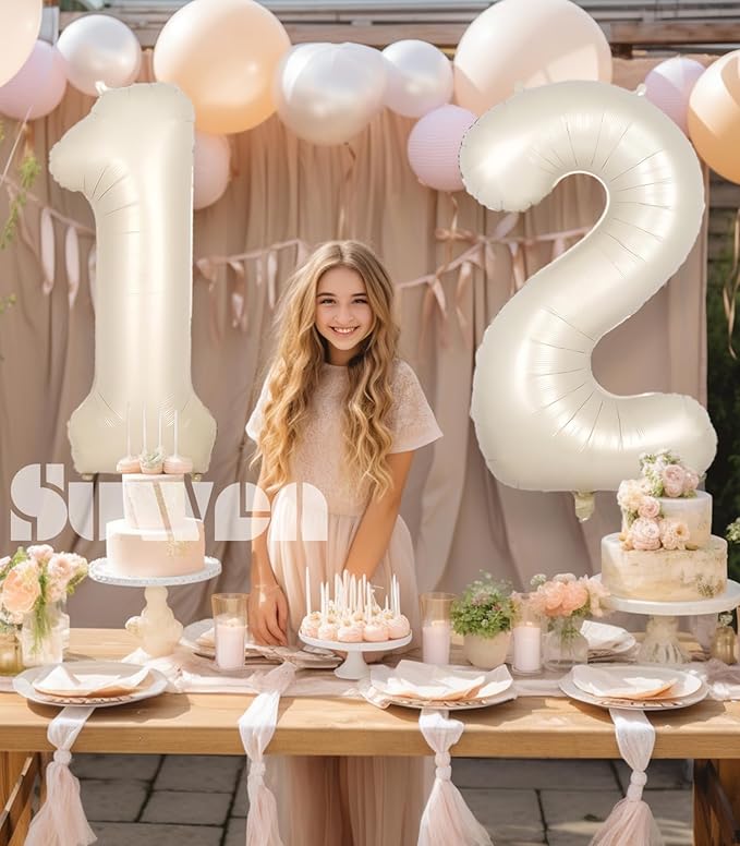SUWEN 40 Inch Cream White Large 12 Number Balloons Big Foil Helium Number Balloons 0-9 Jumbo Happy 12th Mylar Birthday Party Decorations for Boy or Girl 21 Anniversary Party Supplies