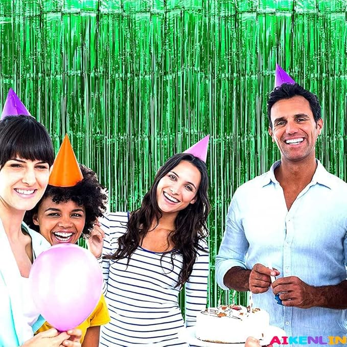 4 Pack 3.2Ft x 9.8Ft Green Foil Fringe Curtain Backdrop, Metallic Tinsel Foil Fringe Streamers Curtains for Party, Photo Booth Props, Birthday, Wedding, Christmas Party Decoration Supplies