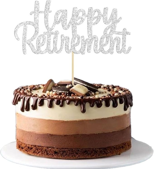 Gyufise Silver Happy Retirement Cake Topper Retirement Cake Decoration Picks for Retired Party Cake Decoration Party Supplies 1 Pack