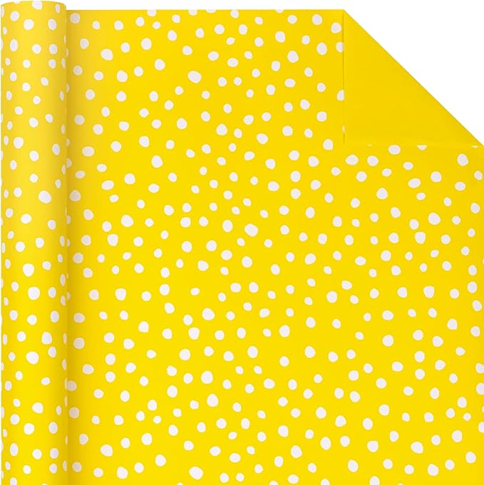 WRAPAHOLIC Reversible Wrapping Paper - Mini Roll - 17 Inch X 33 Feet - Yellow and Delicate Polka Dots Design for Birthday, Holiday, Wedding, Baby Shower