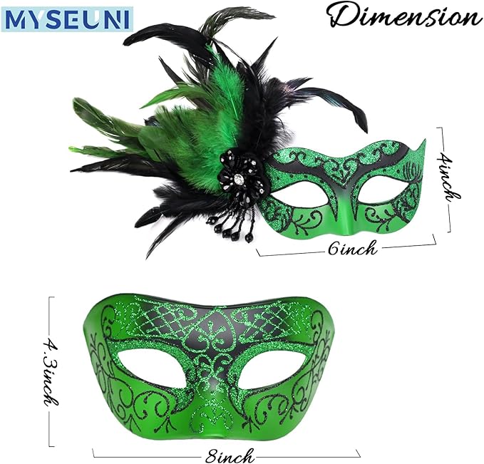 Green His and Hers Masquerade Masks Set -Feather Mascarade Mask for Couple & Venetian Mask for Masquerade Party, Mardi Gras, Halloween Cosplay Prom, Christmas