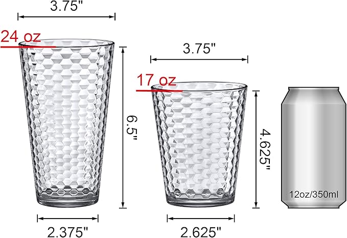 Amazing Abby - Snowflake - 16-Ounce and 24-Ounce Tumblers (Set of 12), Clear Reusable Plastic Cups, Stackable, BPA-Free, Shatter-Proof, Dishwasher-Safe
