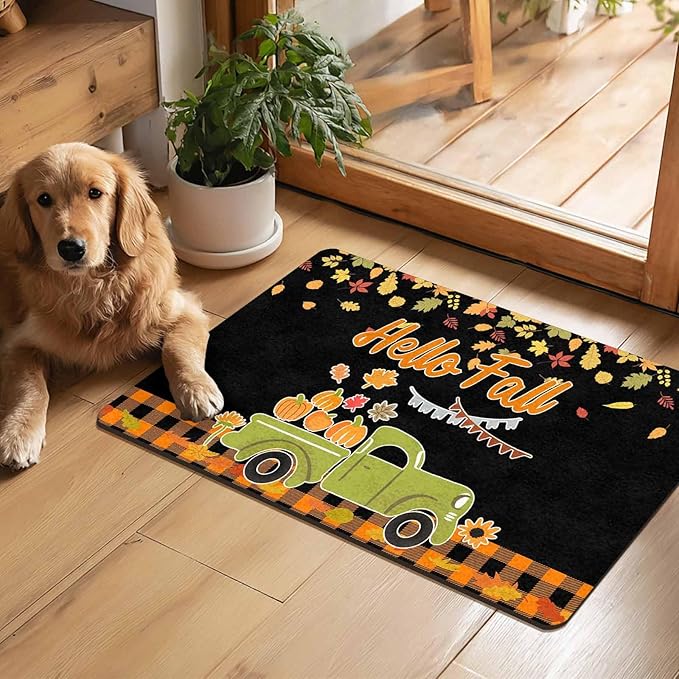 Fall Welcome Maple Leafs Decorative Door Mat, Autumn Thanksgiving Doormat for Indoor Outdoor Entrance Floor Mats,Fall Pumpkins Non Slip Harvest Vintage Decor Rubber Welcome Mats 30" x 18" Inch