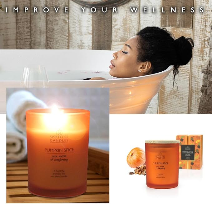 Pumpkin Spice Candle - 275g/9.7 oz Pumpkin Candle in Orange Frosted Glass Jar with Wooden Lid and Wooden Crackling Wick in Luxurious Gift Box - Cosy, Warm and Comforting