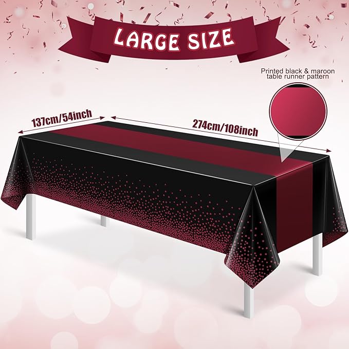 3Pcs Black and Maroon Tablecloth Party Decorations,Plastic Black Table Cloth Printed Maroon Table Runner Disposable Rectangle Table Cover for Birthday Wedding Graduation Anniversary Party,54x108Inch
