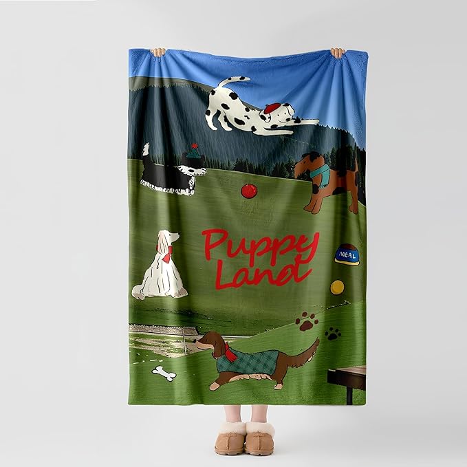 Flannel Blanket – 300GSM Soft Fleece Throw, Single-Sided Printed Dog Design, Cozy & Warm for Kids, Pets, Sofa, Bed, Travel – Cute Puppy Theme Blanket