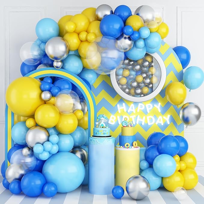 Blue and Yellow Balloons Arch Royal Blue Yellow Silver Balloons Garland with Clear Balloon Light Party Latex Balloon for Birthday Decorations Baby Shower Graduation