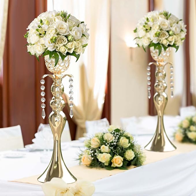2Pcs Gold Crystal Metal Vase Set - Tulip & Trumpet Wedding Centerpieces, Artificial Flower Arrangement Vases for Home Decor, Restaurant Table Displays