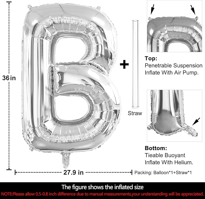 Lovoir 40 Inch Large Silver Letter B Balloons Big Size Jumbo Mylar Foil Helium Balloon for Birthday Party Celebration Decorations Alphabet Silver B