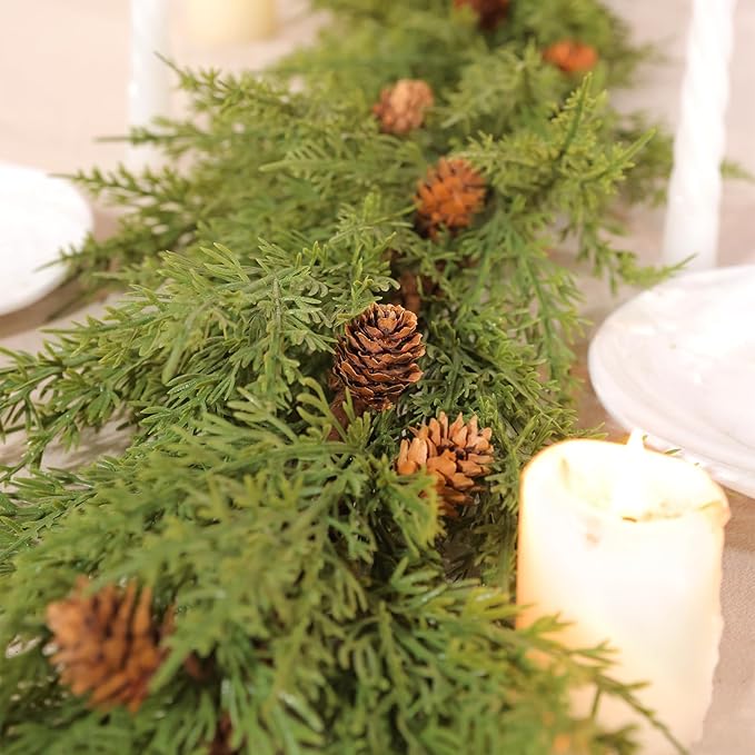WBHome Real Touch Cypress Cedar & Pine Cone Evergreen Garland for Christmas Holiday Seasonal Outdoor/Indoor Home Decor, 9FT Long