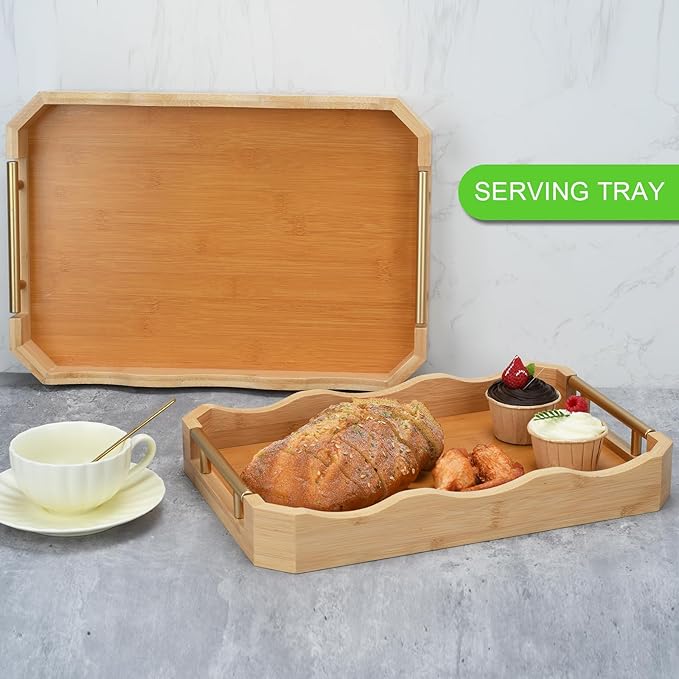 2 Pack Bamboo Trays with Handles - Decorative Stackable Ottoman & Serving Trays for Coffee Table, Breakfast in Bed, Couch Snacking, Home Decor (Varnished)