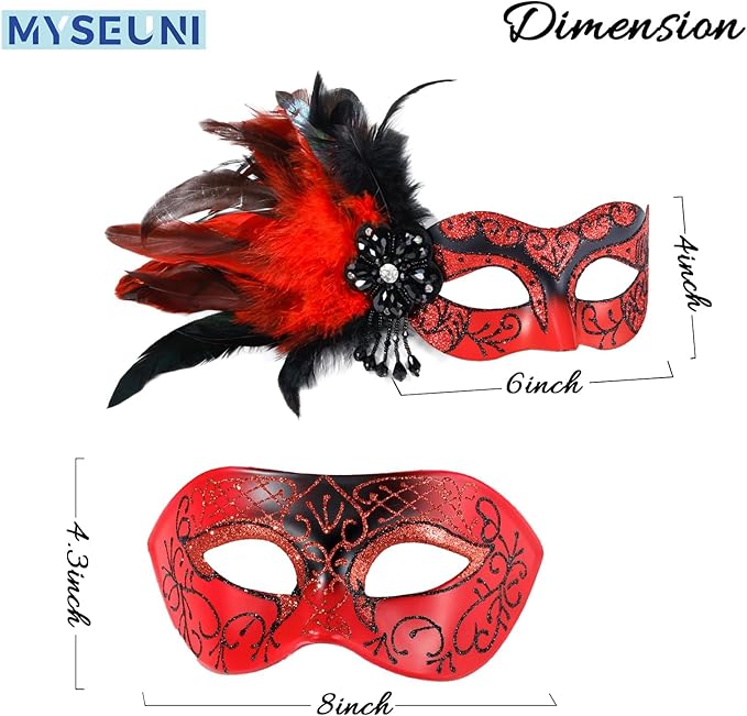 Red Masquerade Mask for Couple -Masquerade Masks Women with Feathers & Venetian Mask Men for Mascarade Party, Mardi Gras, Halloween Cosplay Prom, Christmas