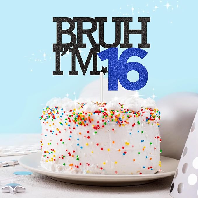 Bruh I'm 16 Cake Topper, Happy 16th Birthday Decorations for Boy, Funny 16th Birthday Cake Topper Birthday Party Decoration Supplies