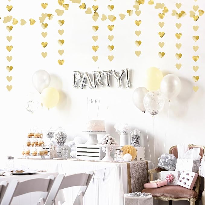 Glitter Champagne-Gold Engagement Party-Decorations Heart-Garland - 52ft Hanging Streamers Banner,Anniversary Wedding Bachelorette Bridal Shower Birthday Christmas housewarming Backdrop Decor Burgleda