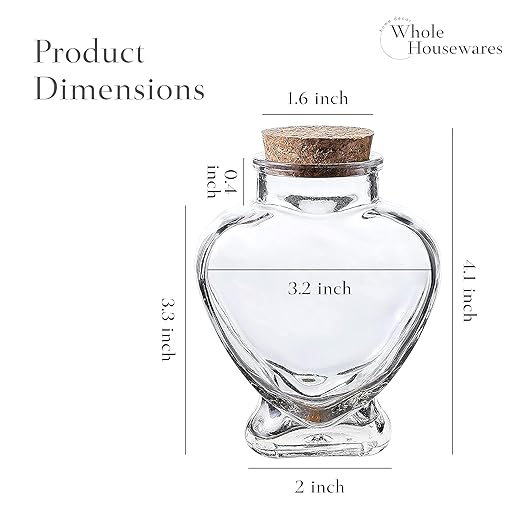 Set of 12 Heart Shaped Glass Jars with Cork Lids by WHOLE HOUSEWARES - Mini Bottles with String and Heart Labels - Small Spell Jars for Wedding Favors, Keepsakes, Potions and Valentine's Day Gifts