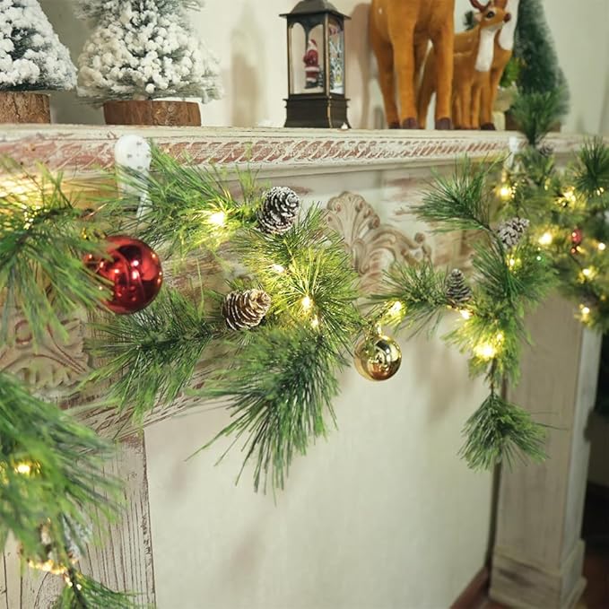 Christmas Garland Lights with Christmas Balls 6.56FT 30 LED Fairy Lights Battery Operated Smokey Pine Garlands with Pine Cones Greenery Garland Wreath for Xmas Tree Holiday Home Mantle Door Decoration
