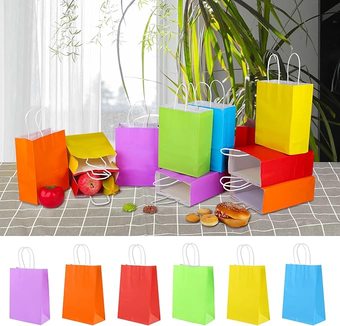 XPCARE 32Pcs Paper Gift Bags, 6.3"x3.15"x8.66" Kraft Paper Party Favor Bags Bulk Rainbow Goodie Bags Small Gift Bags with Handles for Kids Birthday Baby Shower Crafts Wedding Party Supplies (6 Colors)