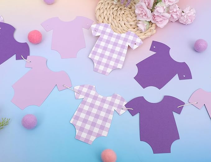 Purple Bodysuit Banner - Baby Shower Decoration Gingham Banner,Baby Bodysuit Gender Reveal Party (Purple)