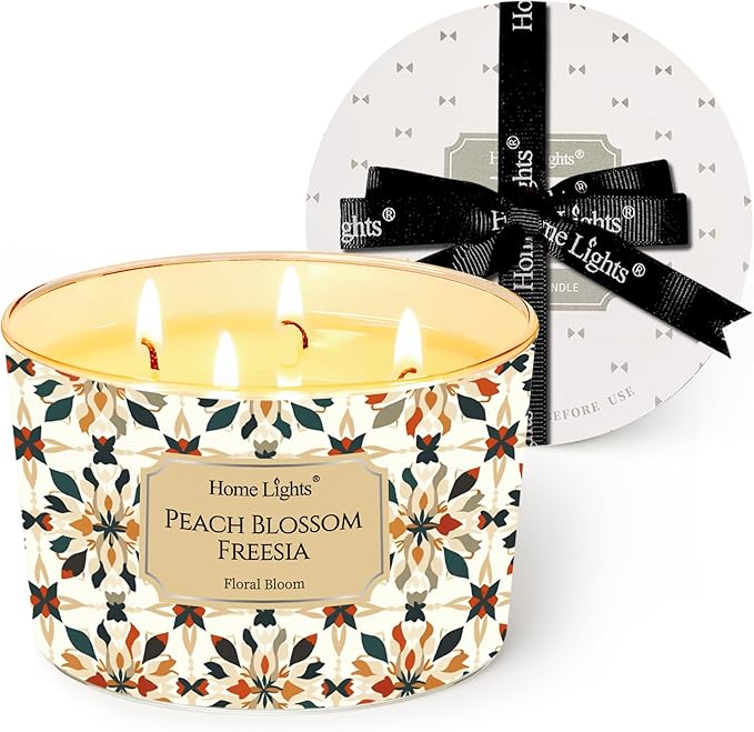 HomeLights Soy Wax Candles for Home Scented, 4-Wick Candles in Peach Blossom Freesia Scented, Aromatherapy Candles Gift for Parties, Relaxing, Bohemian Natural Textures, 18oz