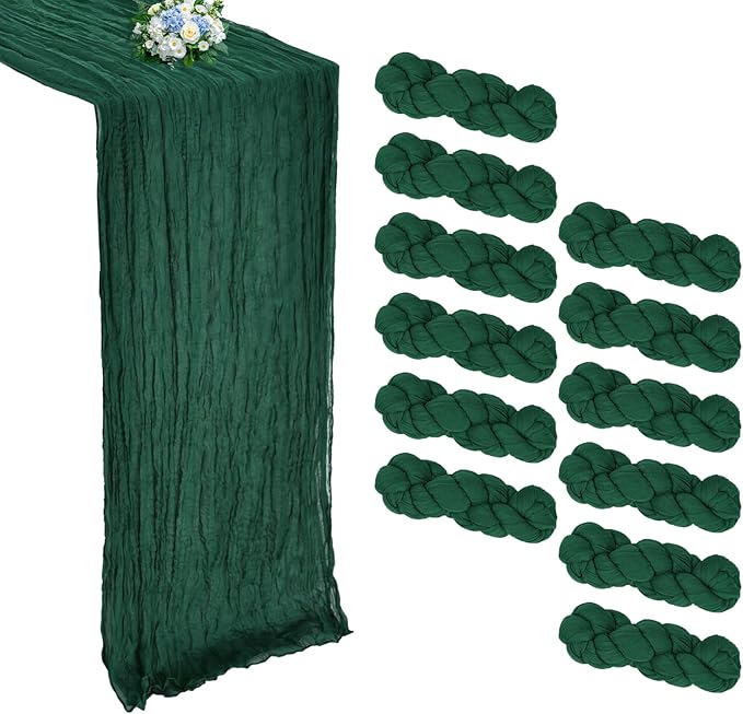 12 Pack Christmas Table Runner Emerald Green Cheesecloth Table Runner 10FT Boho Cheese Cloths Gauze Fabric 120 Inch for Wedding Birthday Party Baby Shower Centerpiece Home Decorations