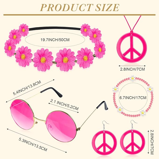 Batiyeer 6 Pcs Hippie Costume Accessories Set, Boho Peace Sign Daisy Flower 60s 70s Party Favors Decor for Groovy Party Women(Rose Red)