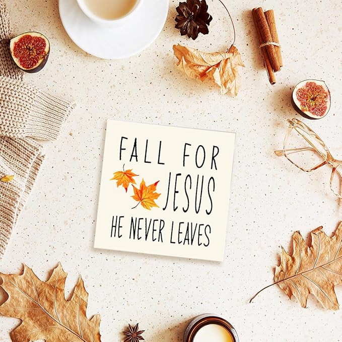 Funny Autumn Wood Box Sign Fall for Jesus He Never Leaves Wooden Block Desk Decor for Home Office Kitchen Cubicle Table Shelf Tabletop,Farmhouse Fall Sign Decor