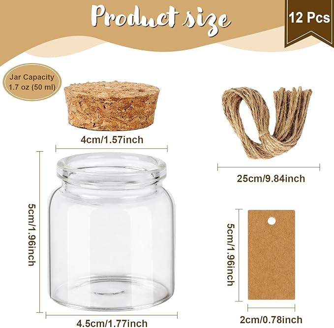 OurWarm 12 Pack Mini Jars with Lids, 1.7OZ Small Glass Bottles with Cork Tag Label and Twine, Versatile Small Glass Jars for Candy Potion Spice DIY Crafts Gift Birthday Wedding Party Decorations