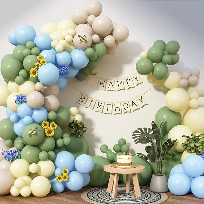 Green Blue Yellow Balloons Arch Dusty Blue Sage Green Beige Balloons Garland Kids Birthday Party Decorations Pastel Blue Yellow Olive White Latex Helium Balloon Bear Baby Shower