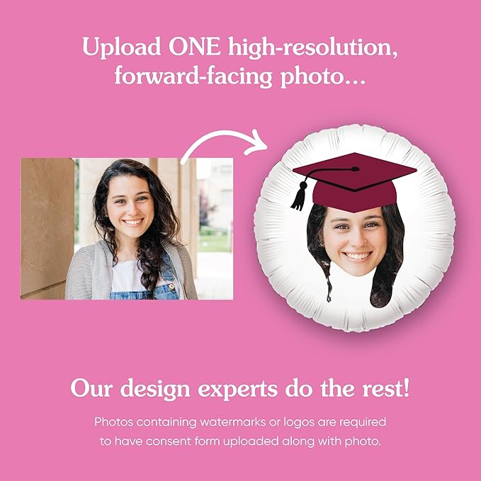 Big Dot of Happiness Personalized Maroon Grad Cap Fun Face Photo Balloon, Elementary High School College Burgundy Custom Graduation Party Decorations, Double-Sided Round Circle Mylar, 1 Piece