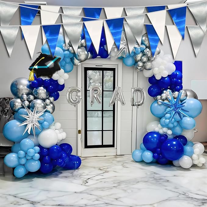 130FT Navy Blue White Silver Triangle Pennant Banner Flag Metallic Fabric Bunting Garland for Christmas Graduation Birthday Wedding Bridal Shower Nautical Ahoy Achor Theme Party Decorations Supplies