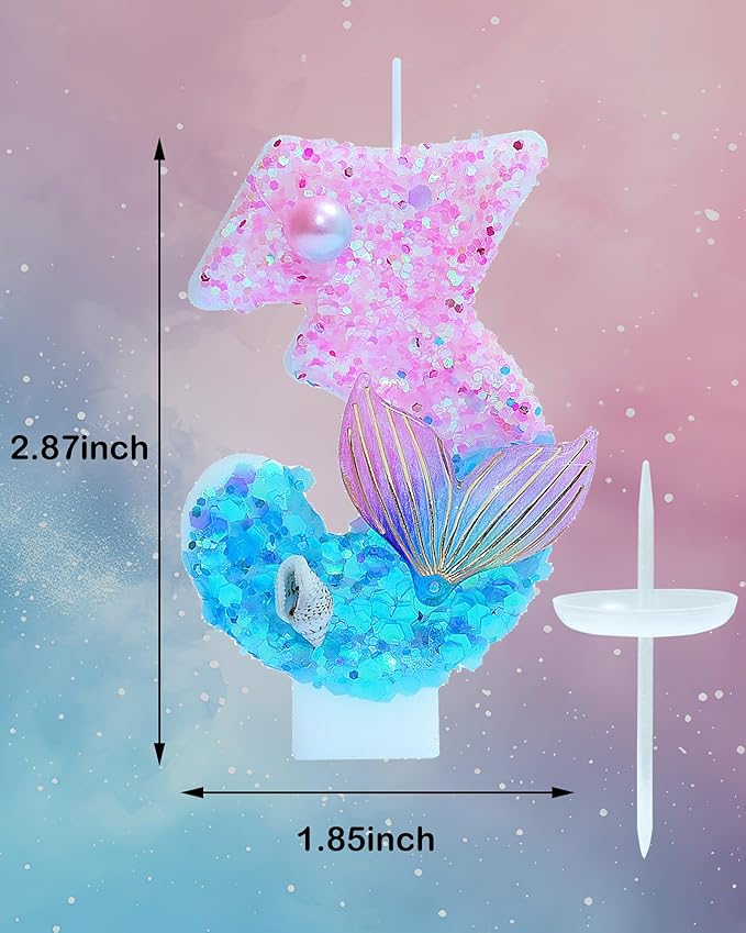 Mermaid Themed Birthday Candles, Number 3 Girls Glitter Birthday Party Supplies,Anniversary Party Decor,2.87 inch Cake Topper Decorations (Mermaid Themed, Number 3)