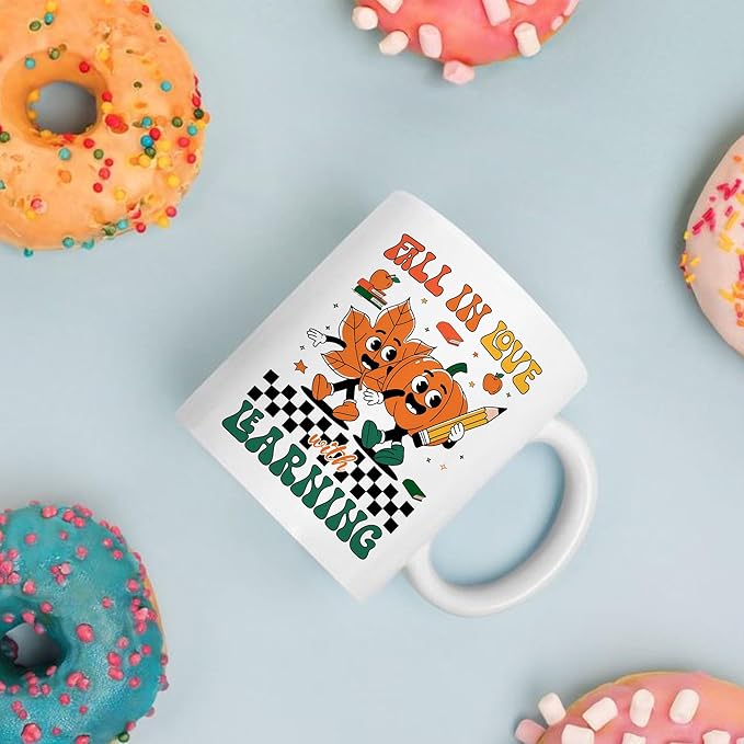 Fall In Love With Learning Thanksgiving White Mugs, 11oz 15oz Drinking Cups, Autumn Seasonal Gifts