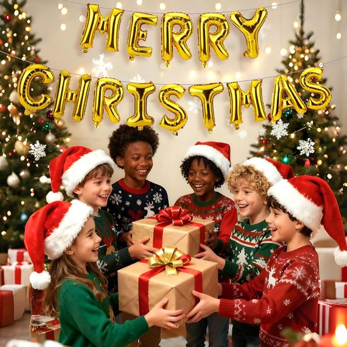 16 Inch Merry Christmas Balloons 14 PCS Gold Balloons Banner Xmas Letter Aluminum Mylar Foil Balloon Kit Decorations Backdrop for Holiday Hanging Decor Party Favors Supplies Theme Indoor Outdoor