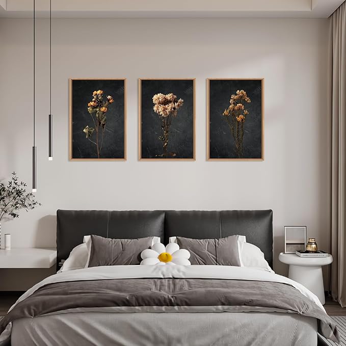 HOURIA Moody Boho Floral Framed Canvas Wall Art Set,Vintage Black Flower Wall Decor,Mid Century Minimalist Wildflower Artwork,Nature Retro Botanical Art Print for Living Room,Bedroom,Office- 24"x36"x3