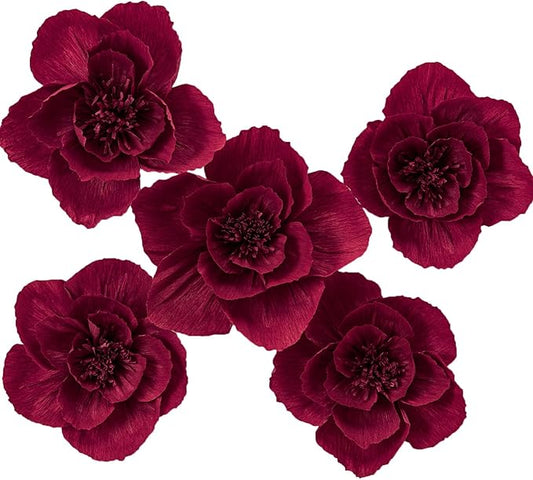 12" 3D Paper Flower Decoration for Party, Wedding Decoration, Background Wall, Nursery Room Decoration, Bridal Shower, Baby Shower(Burgundy, 5 Pcs)
