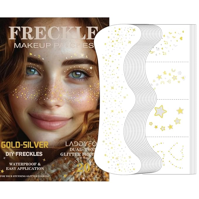 20 Pcs Gold and Silver Face Makeup Patches, Gold and Silver Glitter Freckles Face Tattoos, Sparkle Makeup Patches, Waterproof Face Temporary Tattoos for Women