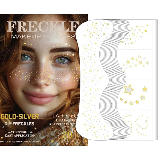 20 Pcs Gold and Silver Face Makeup Patches, Gold and Silver Glitter Freckles Face Tattoos, Sparkle Makeup Patches, Waterproof Face Temporary Tattoos for Women