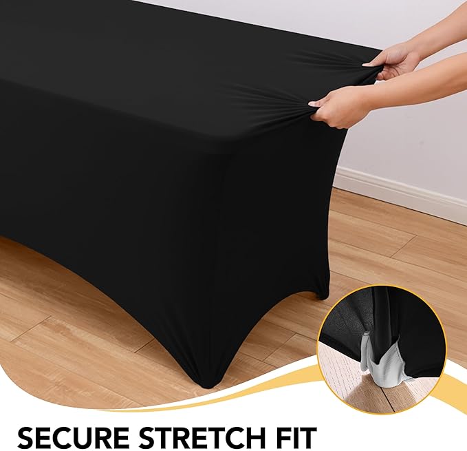 8-Pack Premium Black Spandex Tablecloths for 6ft Rectangle Tables, Stain & Wrinkle-Resistant, Washable Stretch Polyester Fitted Table Cover for Weddings, Banquets, Trade Shows Events