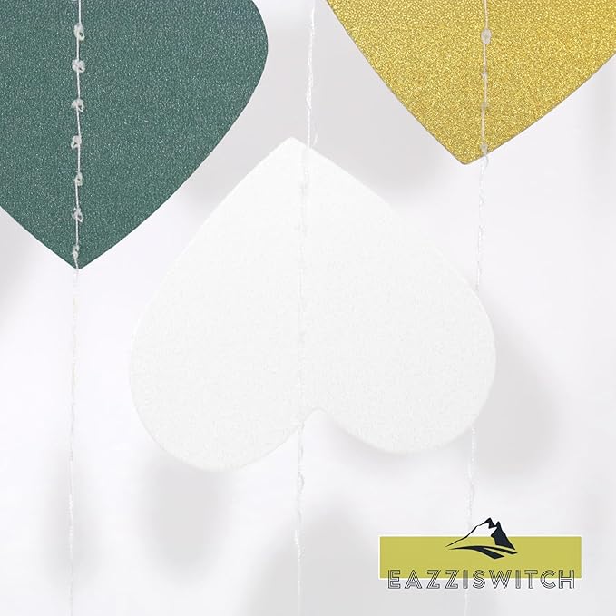 Green Bridal Shower Bachelorette Party Decorations: Gold Glitter Hearts Banner Garland Streamers Backdrop for Engagement Wedding Anniversary Birthday Christmas St Patricks Day Décor - 52 Ft
