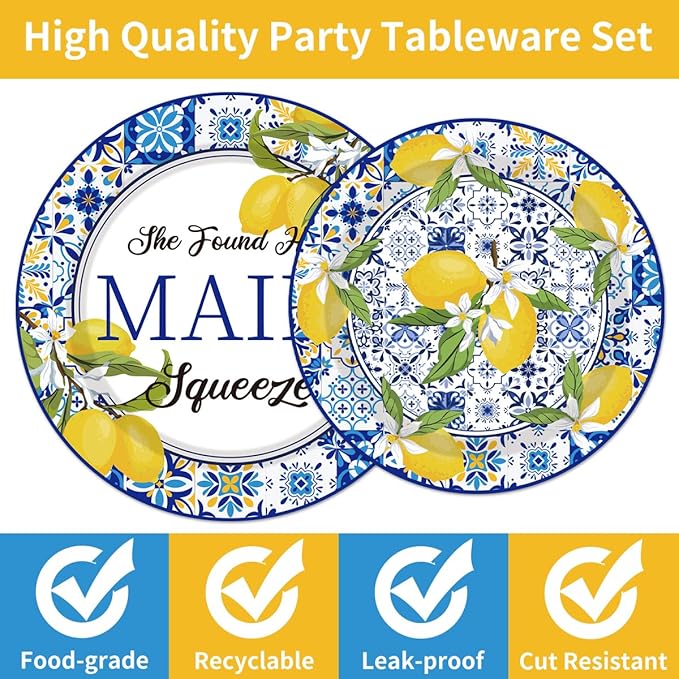 96PCS She Found Her Main Squeeze Plates and Napkins Party Supplies Lemon Bridal Shower Decorations Blue Tiles Lemon Weeding Engagement Disposable Paper Tableware Set Serves 24 Guests