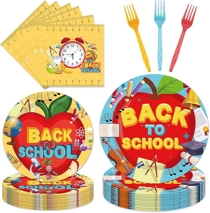 96 Pcs Back to School Decoration Disposable Tableware Set - Cartoon Back to School Apples Pencils Clock Paper Plates Napkins Forks First Day of School Theme Party Supplies Serve 24 Guests